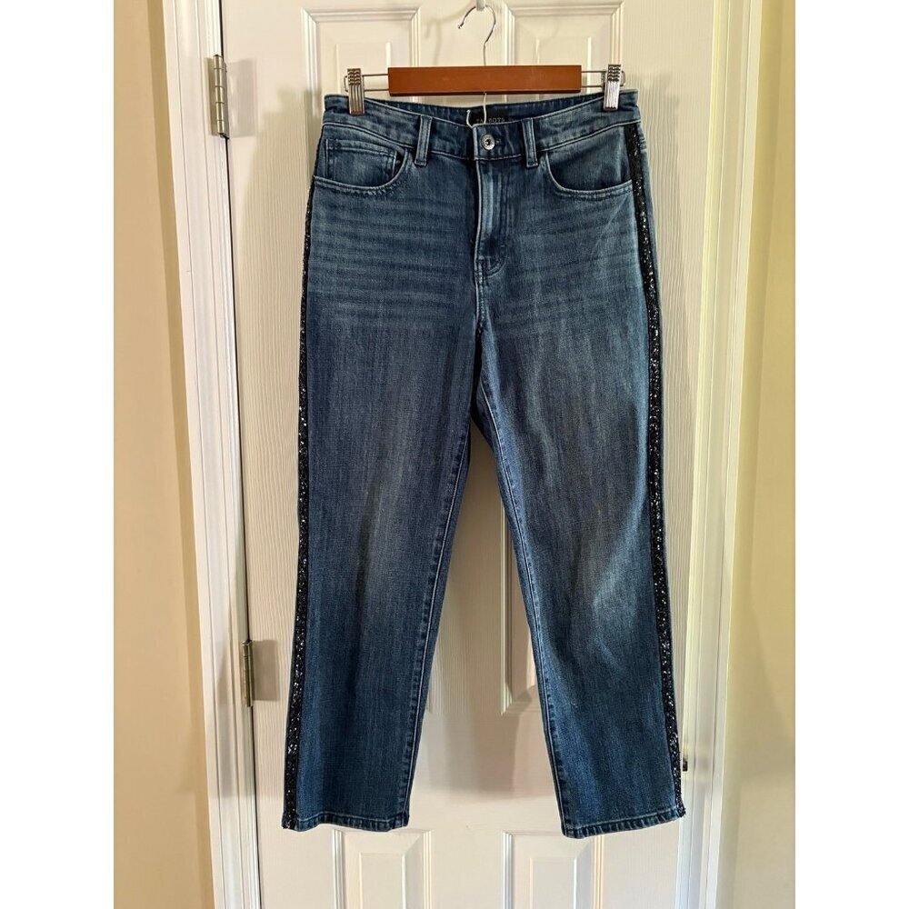 Womens Jeans Talbots High Waist Straight Ankle Dark Blue Sparkly Tuxedo Stripe